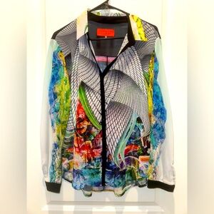 Clover Canyon Sheer Black Multi-Color flower Button up Women’s Shirt, Sz Small